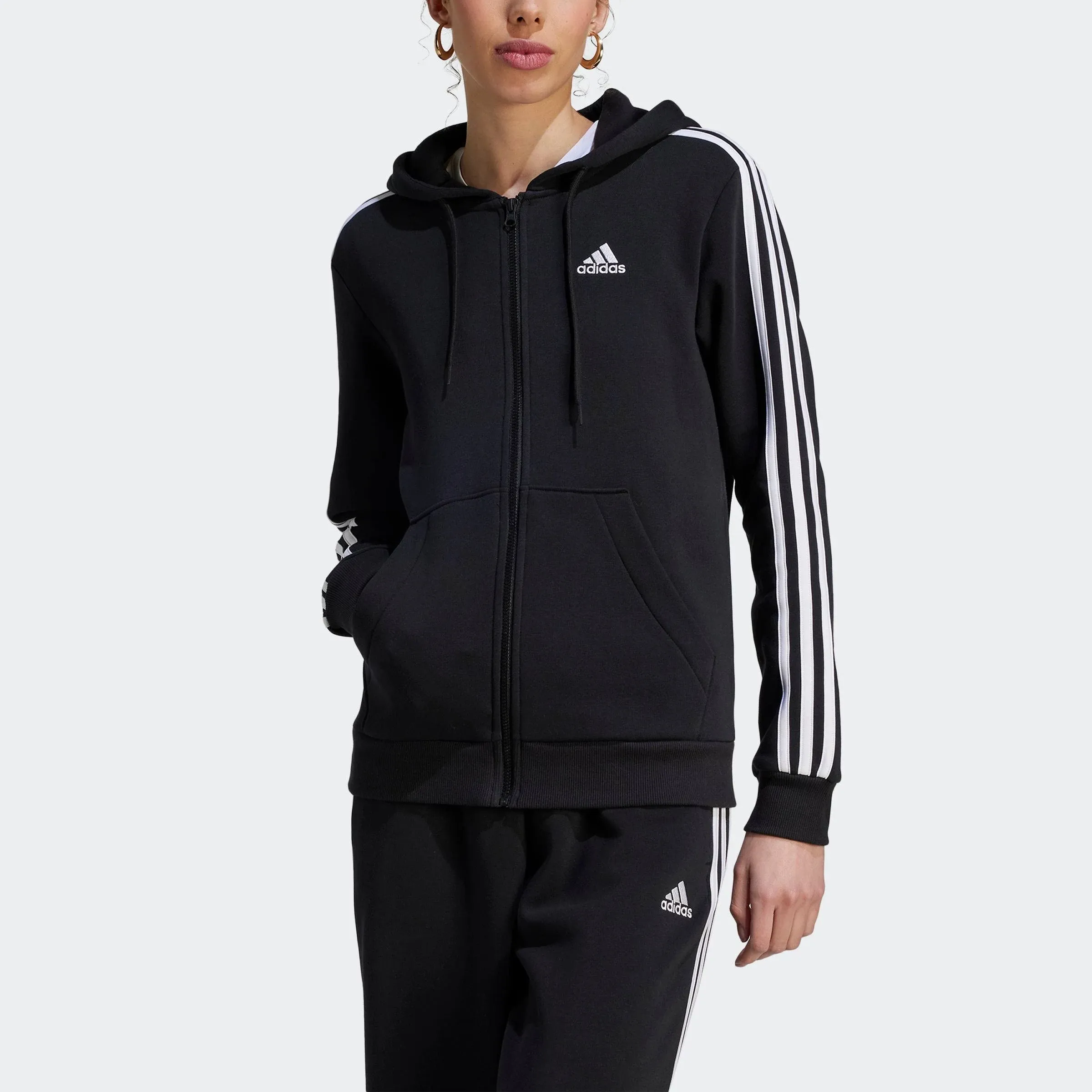 Adidas Women's Essentials 3-Stripes Full-Zip Fleece Hoodie - Black / White - Large