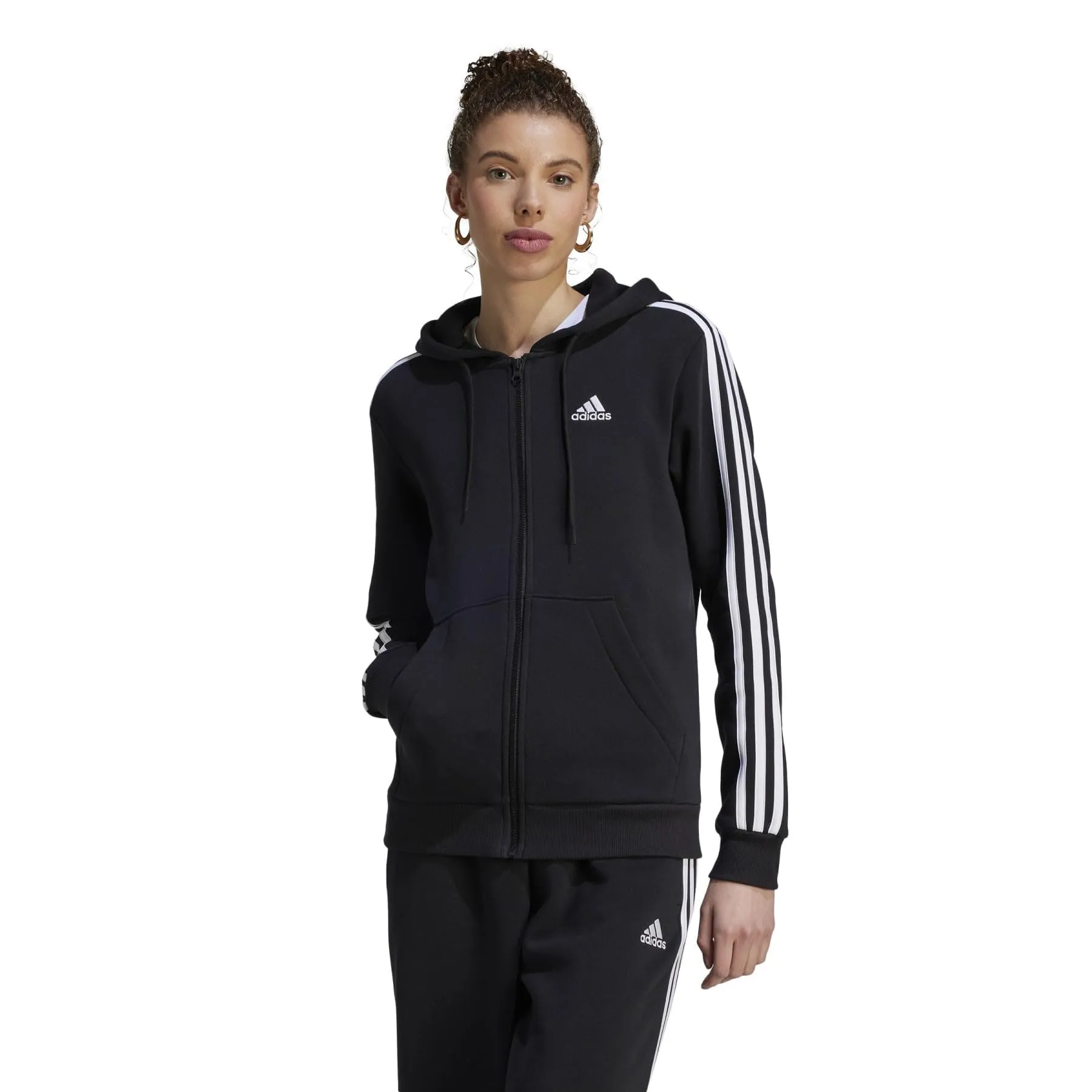 Adidas Women's Essentials 3-Stripes Full-Zip Fleece Hoodie - Black / White - Large